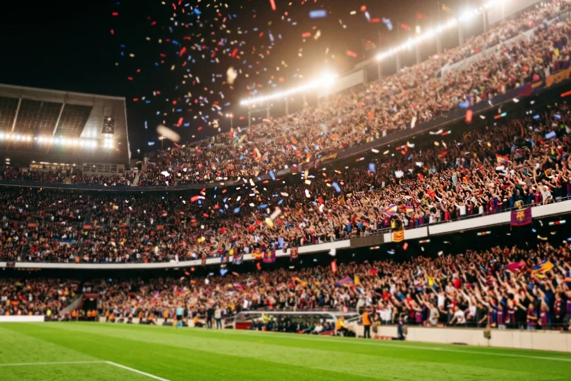 Aficionados celebrando un gol en un estadio durante un partido de la fase de grupos del Mundial