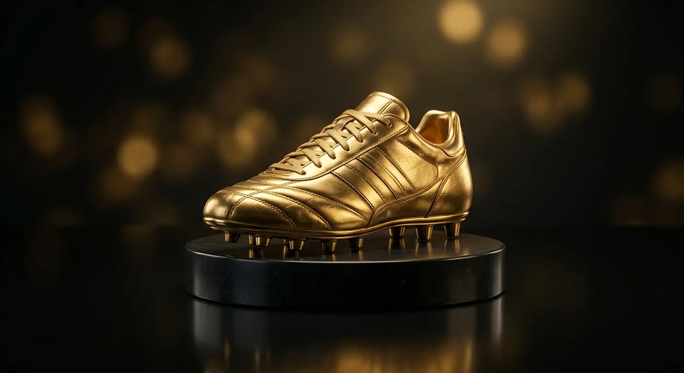 Bota de fútbol dorada iluminada sobre un pedestal, símbolo del máximo goleador del Mundial 2026