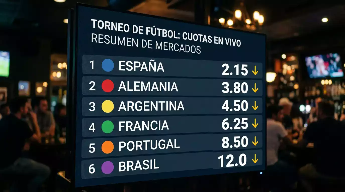 Pantalla de cuotas decimales de casa de apuestas mostrando el mercado outright del Mundial 2026 con líneas en movimiento