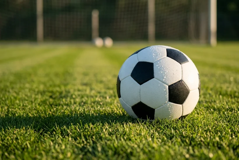 Balón oficial de fútbol sobre el césped de un estadio antes del inicio de un partido de fase de grupos