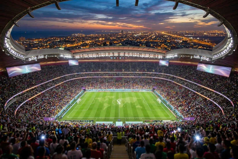 Estadio de fútbol iluminado durante un partido nocturno del Mundial 2026