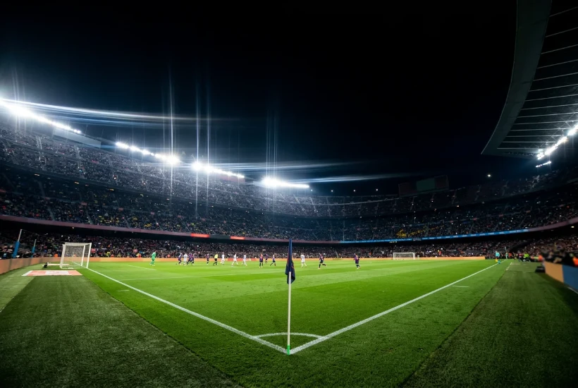 Estadio iluminado de noche durante un partido del Mundial con los focos encendidos y el césped visible
