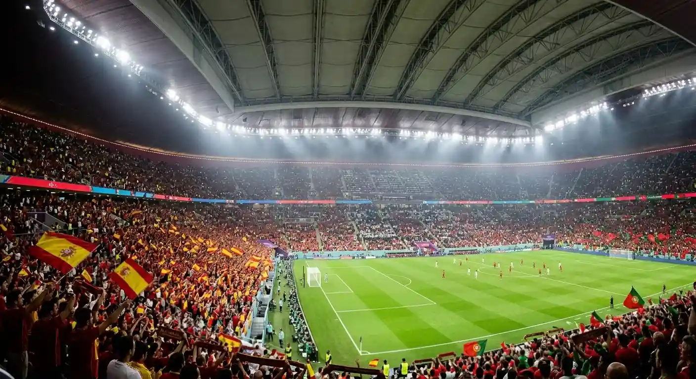 Aficionados de España y Portugal en las gradas del AT&T Stadium antes del octavos del Mundial 2026
