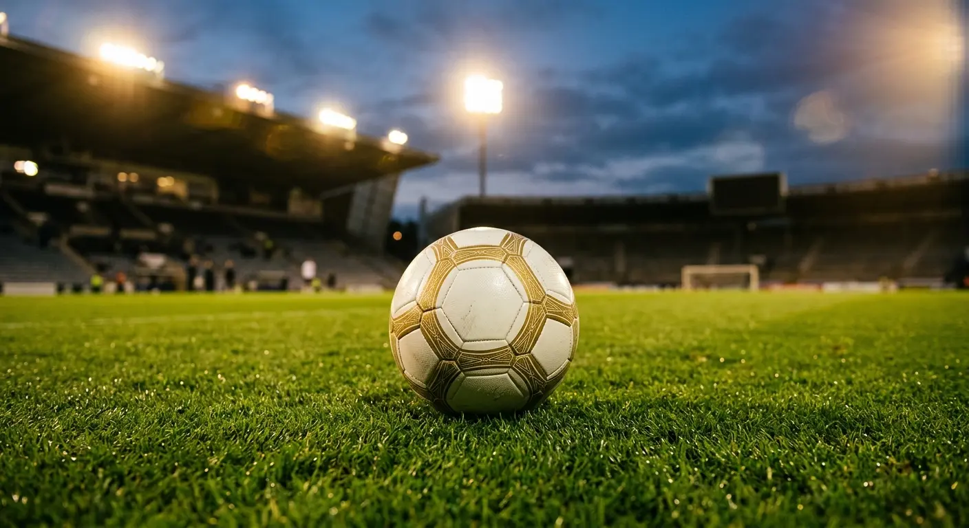 Balón oficial sobre el césped de un estadio del Mundial 2026 bajo focos, antes del inicio de los octavos