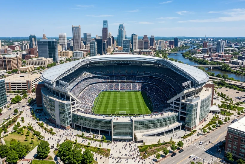 Vista panorámica de un gran estadio de fútbol americano adaptado para el Mundial 2026 con césped verde y gradas llenas